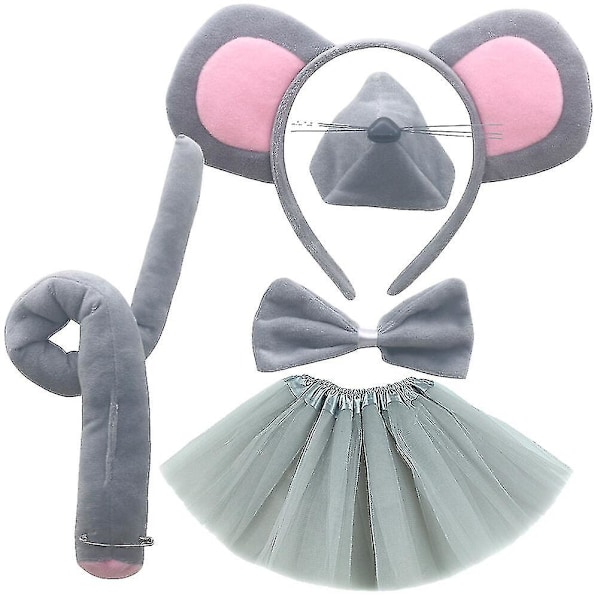 Musdräkt Set - Musöronpannband, Musnäsa, Mus Svans, Fluga Kit Grå Grey 24X17cm