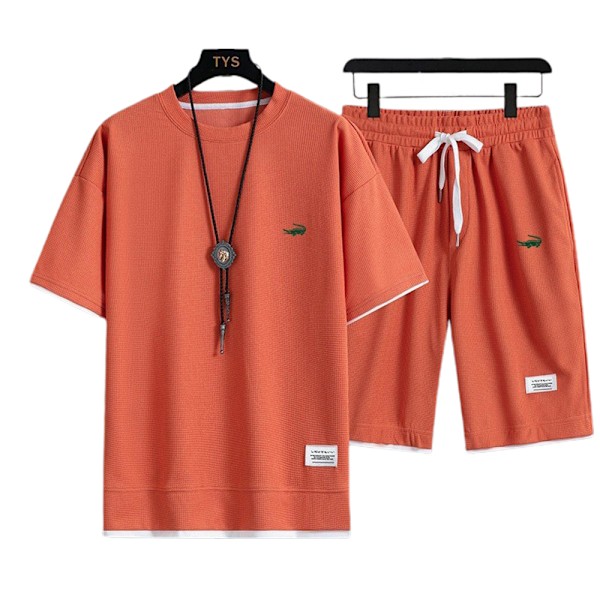 Miesten kesäinen rento lyhythihainen loungewear-treeningpuku T-paita ja shortsit asu oranssi Orange 2XL