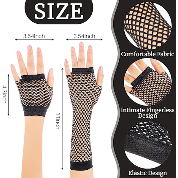 Par långa och korta fisknätshandskar (svart) Fingerless Fishnet Gloves Mesh Gloves 80-tals Fishnet Gloves Handskar för 80-tals utklädning