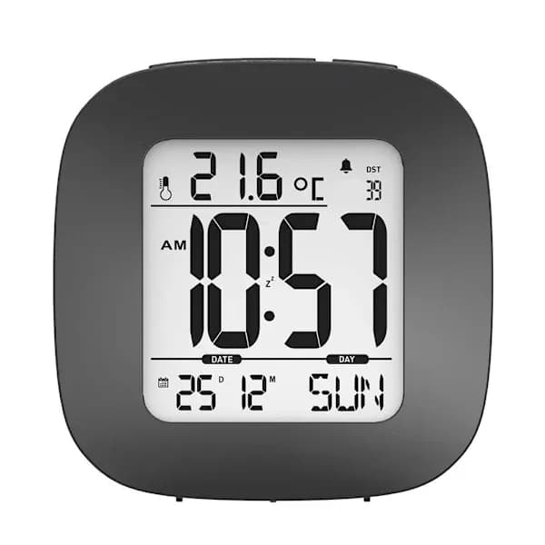 (SC)Compact alarm clock with temperature and date, black - Large, easy-to-read display with backlight - Easy to set and use