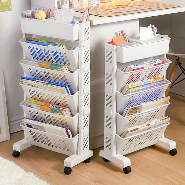 (SC)Portable Bookshelf with Wheels for Classroom Use, Rolling Book Cart with Multi-Layer Capacity and Rotatable and Removable Shelves, Storage