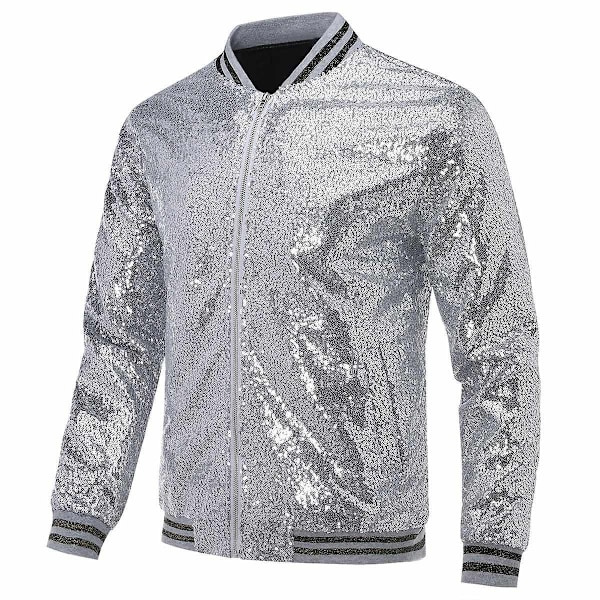 Allthemen Herr Sequin Casual Dragkedja Fest Bomberjacka-WELLNGS Silver Silver M