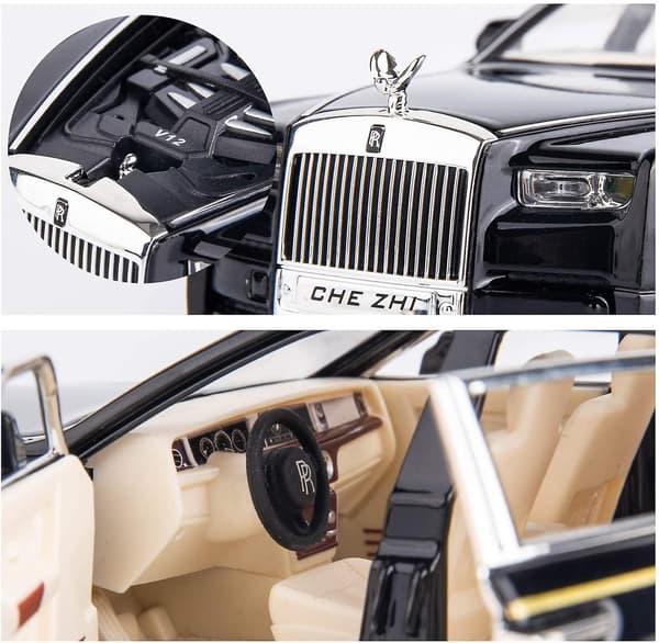 (SC)1/24 Rolls-Royce Phantom modelbil, zinklegering træk tilbage legetøj diecast legetøjsbiler med lyd og lys til børn dreng pige gave (sort)