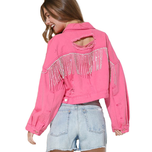Dame Langærmet Denimjakke med Frynser Roserød Rose Red XL