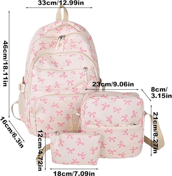 [SC] Printed Backpack for Girls - Student Backpack - Cute Bow Backpack Three-Piece Set - Suitable for Travel, School, and Commuting (Pink)