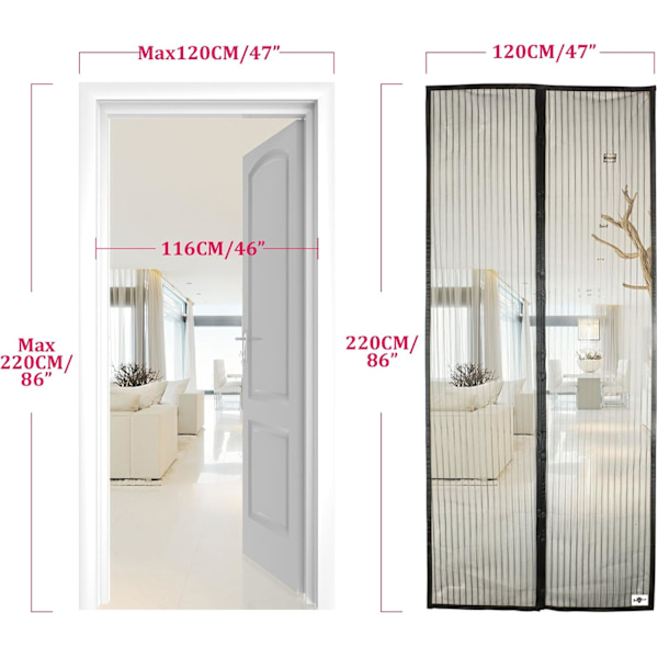 Magnetisk fluenetdør, meshgardin, magnetisk tætning fra top til bund med automatisk lukning, holder frisk luft inde (120x220cm, sort)