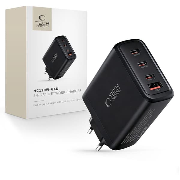 (SC)Tech-Protect 120W Vægoplader PD QC3.0 USB-C/USB-A Sort 280