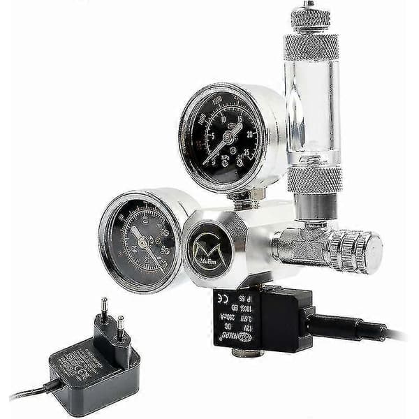 (SC) Akvarium CO2-regulator med 12V-adapter, trykreduktion til akvarium, dobbelte trykmålere inklusive bobletæller og kontraventil, W21.8-interface