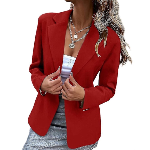 Dame Blazer med Én Knap, Solid Lapel, Forretningsmæssig Formel, Afslappet Yderbeklædning Red S