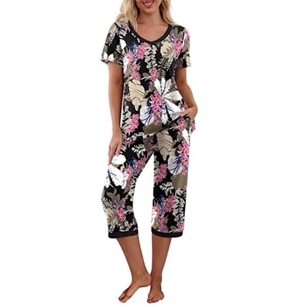 Naisten pyjamasetti, 2 osaa, lyhythihainen paita ja capri-housut, musta kuvio Black Print 2XL