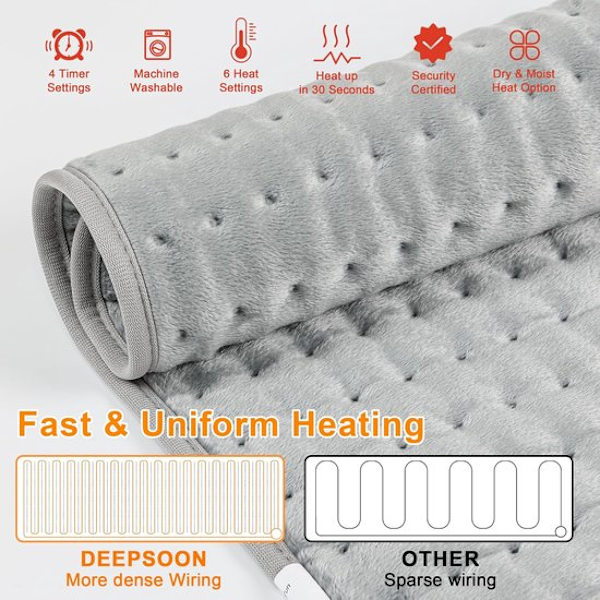 (SC)ING Heating Pad - Electric Heating for Back, Neck, and Joints - With Automatic Shut-off Function - Light Grey - 60x30 cm - One Piece