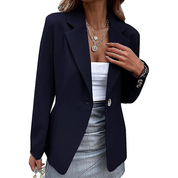 Dam One Button Solid Lapel Blazer Coat Business Formell Casual Ytterkläder Jacka Dark Blue M