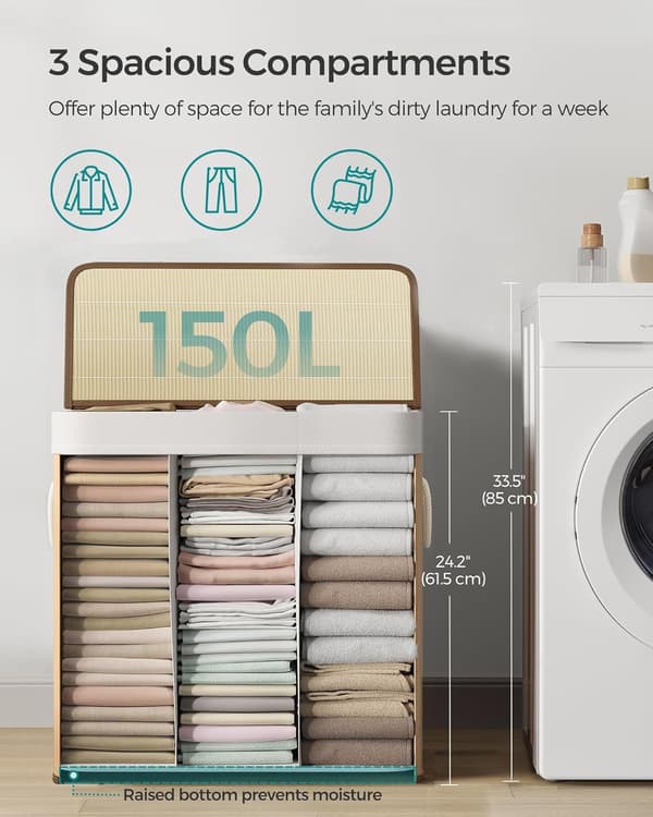 (SC) Laundry Hamper with 3 Sections, Lid and Handles, 150L, Foldable for Laundry Room, Bedroom, Bathroom, Natural