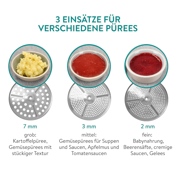 Rustfritt stål sil med 3x silinnsatser - Silmølle for suppe, syltetøy, babyporridge, sauser - 3 silinnsatser - Møllepresse