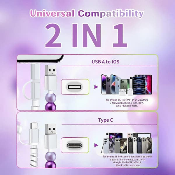 (SC) 4-in-1 Beaded Charging Cable - USB-C to Lightning PD Fast Charging Cord for iPhone 17/16/15 & Android Samsung S25 Multicolour