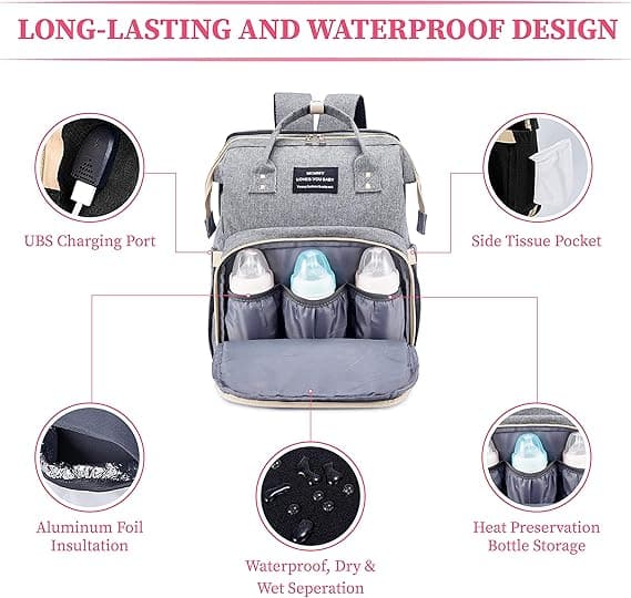 (SC) Baby Diaper Backpack - Multifunctional Diaper Bag with Foldable Crib