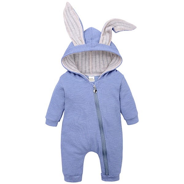 Baby Romper Söta Kanin 3D Öron Hoodie 1-Delad Dragkedja Body Blå Blue 80