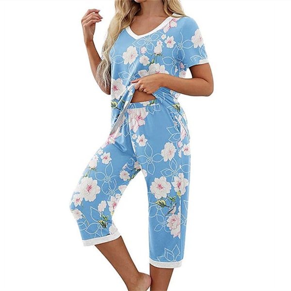 Dam 2-delad pyjamas Kortärmad T-shirt & Capribyxor Blå Print Blue Print XL