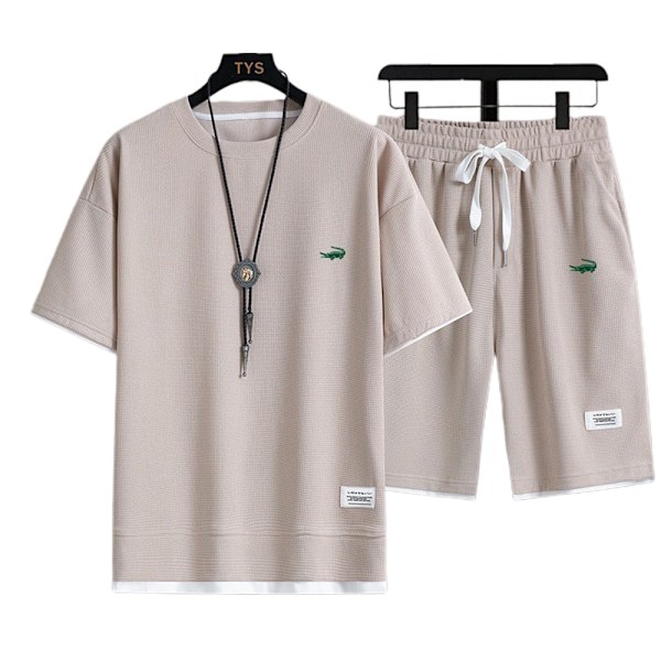 Miesten kesäinen rento lyhythihainen loungewear-treeningpuku T-paita ja shortsit asu Khaki Khaki 3XL