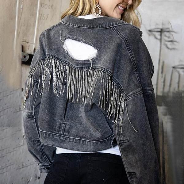 Langærmet denimjakke til kvinder med frynser Sort Black XL