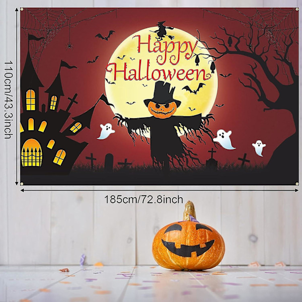 Happy Halloween Bannerdekorasjoner, Rød Halloween Bakgrunn Party Dekor Nødvendigheter Super Stort Banner, Spøkelse Flaggermus Fugleskremsel og Heksebanner for Halloween Red