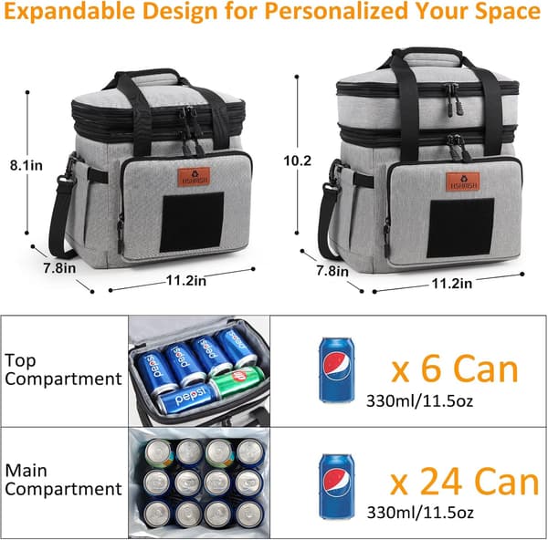 [SC] Unisex Double-Layer Thickened Large Capacity Insulated Bag with Shoulder Strap, Suitable for Work, Picnic and Leisure. Black. Gray 15L