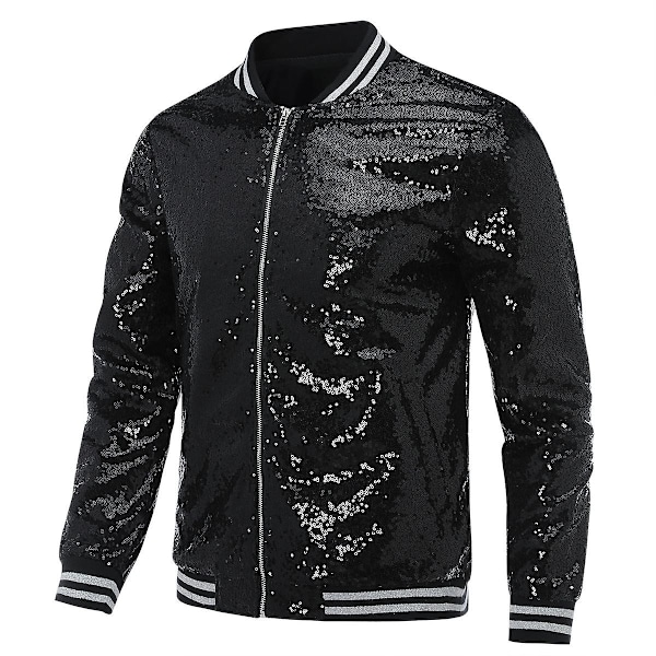 Allthemen Herr Sequin Casual Dragkedja Fest Bomberjacka-WELLNGS Svart Black L