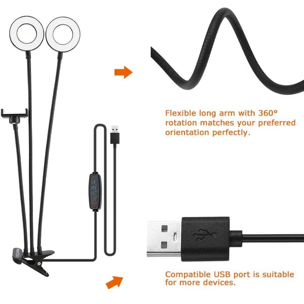 (SC) Black Ring Double Lamp with Mobile Phone Holder for Livestream/Makeup, LED Camera Light with Flexible Arms Compatible with All iPhone Models