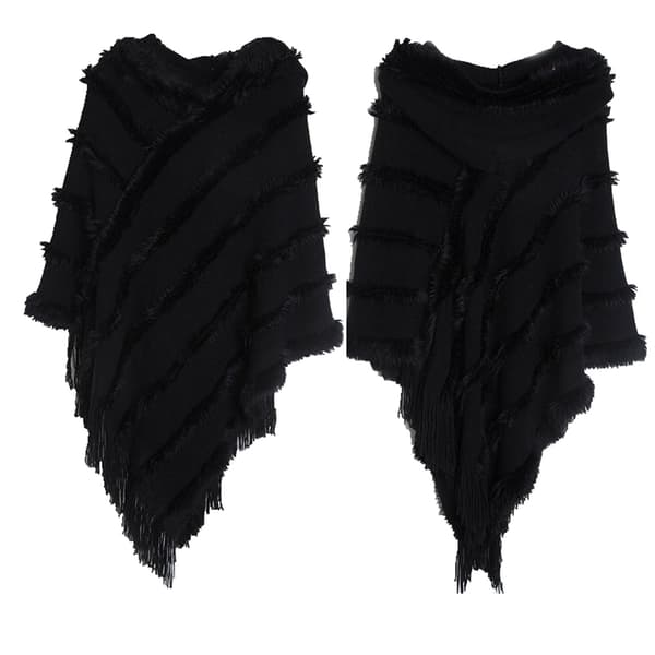 (SC)Elegant Strikket Sjal Poncho Kappe Sort