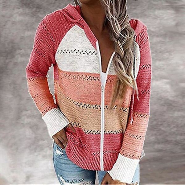 Randig elegant kofta för kvinnor, höst, långärmad topp, casual stickad tröja med V-ringning, röd dragkedja Color Zipper Red 4XL