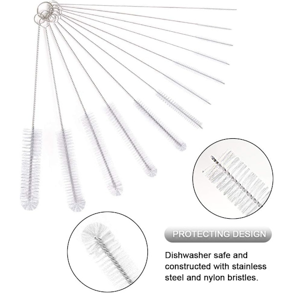 Flaskebørste, 12 stk. Lange Flaskerensebørster, Pibebørste, Kedeltudbørste, Sugerørsbørste, Nylon Flaske Piberensesæt (Hvid) White 90*220CM
