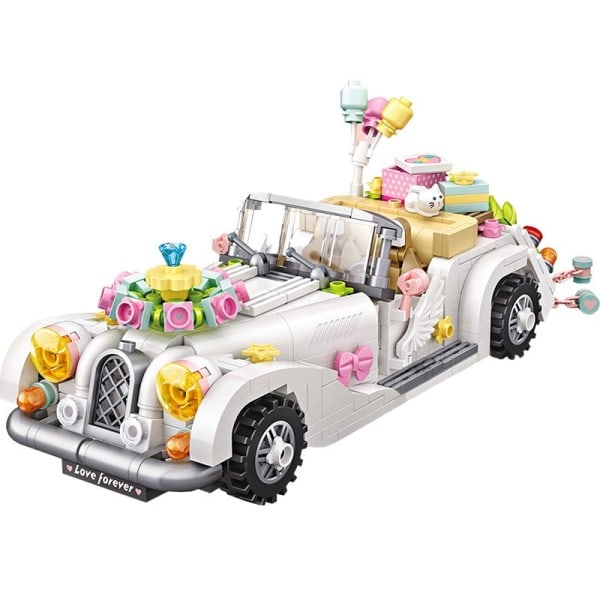 Mini DIY Monteringsblock Leksaksfigur Brudgum Brud Bröllopsbil Klossar Blomma Byggklossar