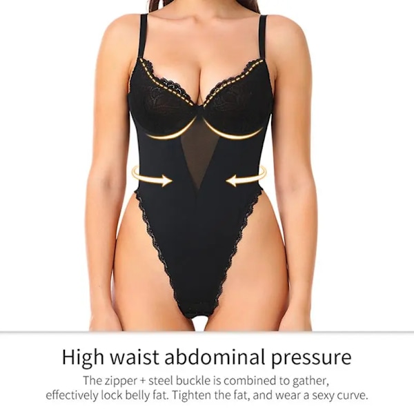Kehonmuotoileva Pitsi Push-Up Läpinäkyvä Vatsanvärjäys Lantio String Tiukka Haalarin Yömekko Syvä V Selästä Paljas Shaper Musta Black 4XL