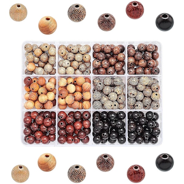 300 st 6 Stilar Naturliga Träpärlor Runda 8mm Handgjorda Pärlor Lösa Distanspärlor för Vår Påsk, Smyckestillverkning, Hem- och Högtidsdekoration