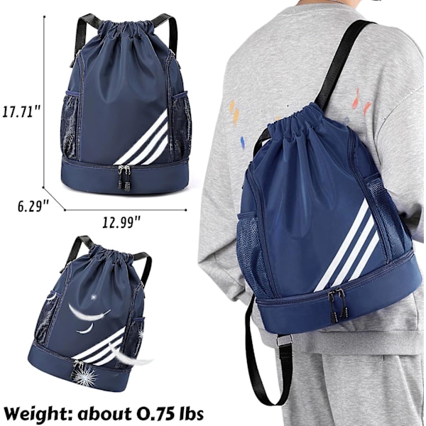 Sports Drawstring Ryggsekk Stor Gym Bag med Sko-rom Vanntett Nylon for Gym Shopping (Grå) Y04  DarkBlue