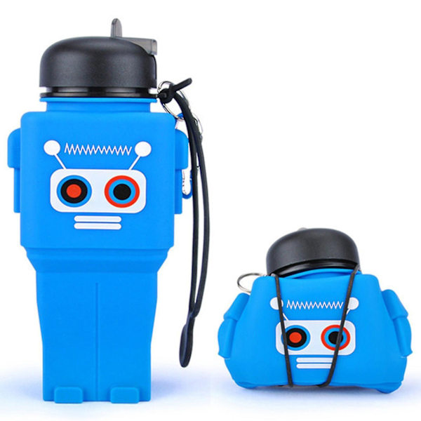 Robotin muotoinen silikoninen vesikuppi, kannettava, helppo puhdistaa, myrkytön silikonipullo Blue