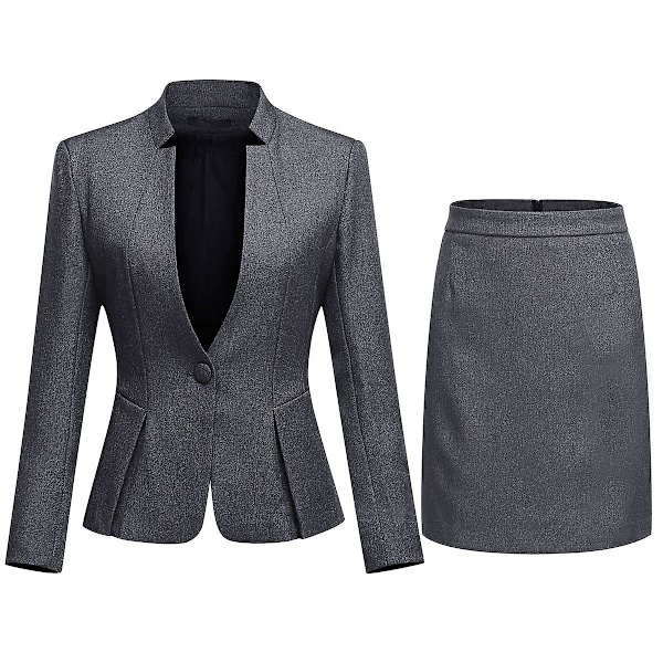 Yynuda Dam 2-delad Ståkrage Enfärgad Business Kostym Kontorsdam Slim Professionell Klänning (blazer + kjol) Grey S