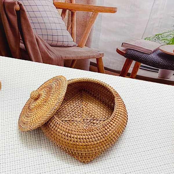Oppbevaringskurv i flettet materiale med lokk - Rattan kurv Liten flettet boks - Vevd rotting