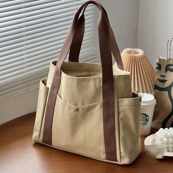 Rymliga canvas tote väskor för arbete, pendling, college stil, studentutrustning, axelväska Brown