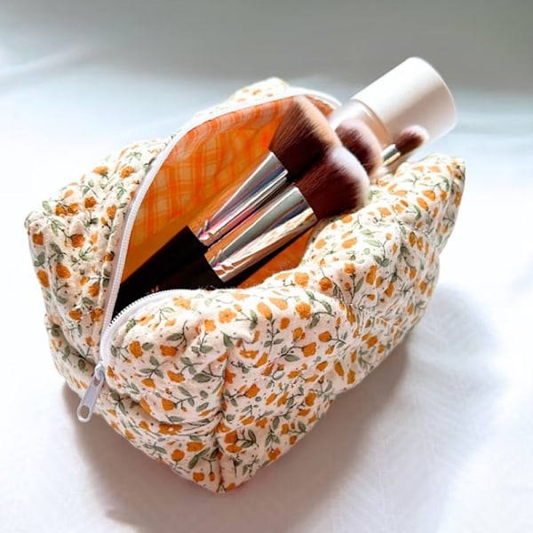 Blommig Puffy Quilt Makeupväska Stor Reseväska för Kosmetika ORANGE ORANGE