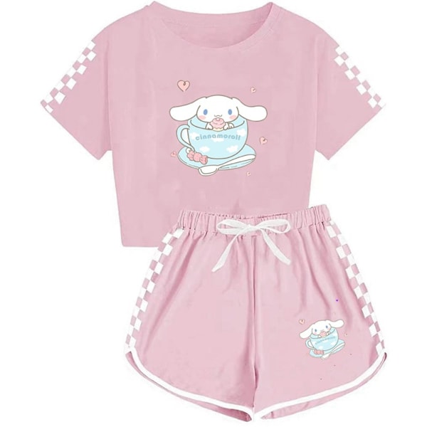 Lasten tyttö/poika söpö Cinnamoroll-kuvioinen lyhythihainen T-paita + shortsit setti Pinkki Pink 150cm