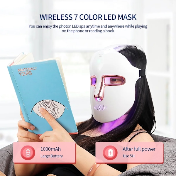 Trådlös 7-färgs LED Photon Behandling Skönhetsmask Vit 18.6*23.3cm