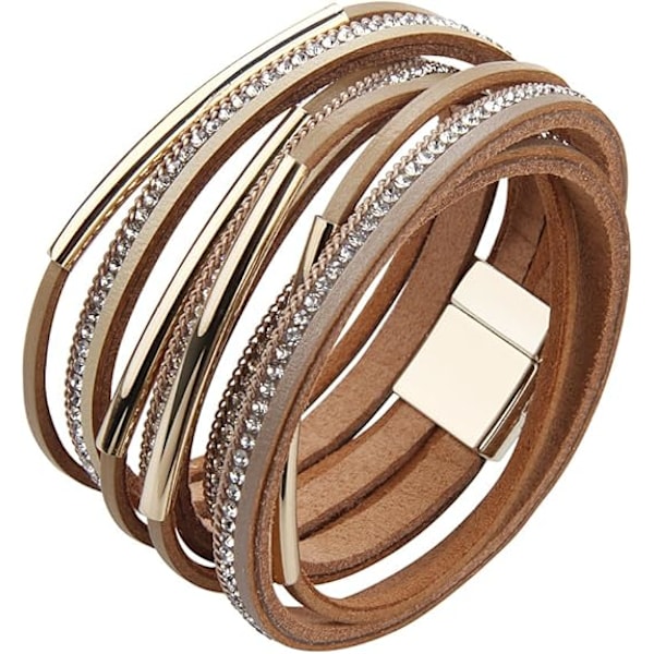 Kvinnors Wrap Armband Guldpläterad Metallisk Kristall Läder Rep Armband med Magnetlås (BEIGE)