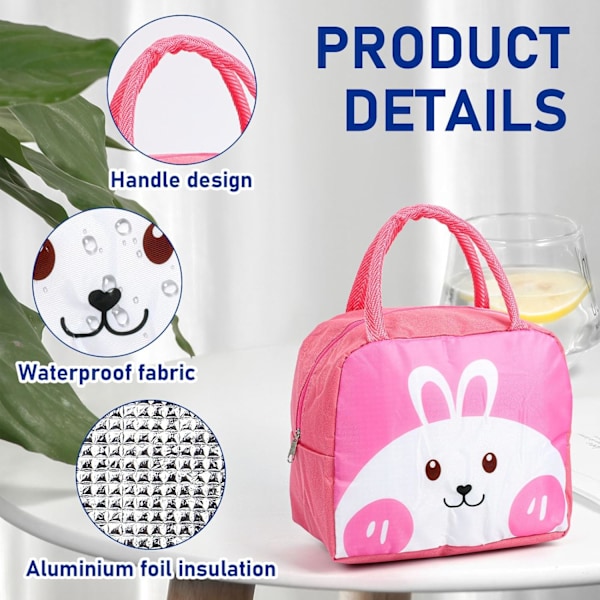 Lunchväska för barn, flickor, pojkar, studenter, återanvändbar tecknad isolerad lunchväska, små hopfällbara vattentäta lunchväskor för resor, picknick, skola Pink Rabbit