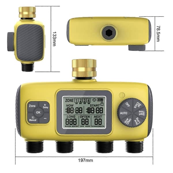 (SC) Automatic 4-Way Garden Irrigation Timer, Threaded Compatible with BSP 3/4 Inch Four-Way Irrigation As Shown
