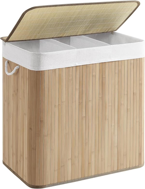 (SC) Laundry Hamper with 3 Sections, Lid and Handles, 150L, Foldable for Laundry Room, Bedroom, Bathroom, Natural