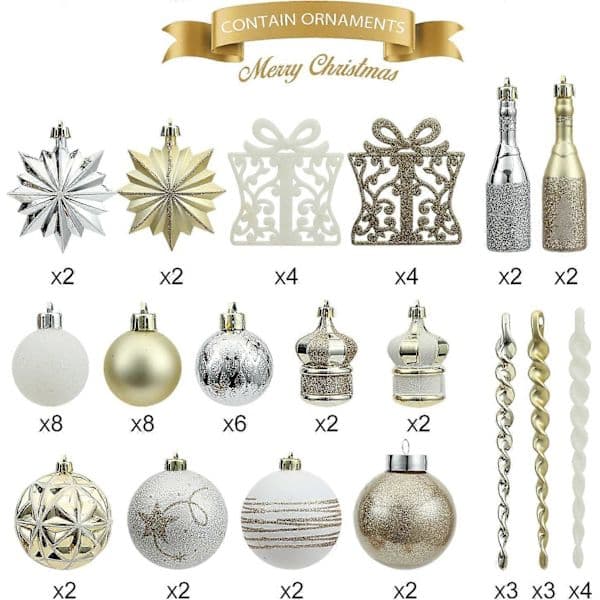 (SC) 70-piece Christmas tree bauble set (red, green and gold), durable, including hooks.