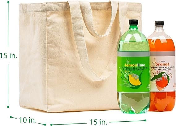 (SC) Canvas Grocery Bag 3pc XL Set with Real Pockets, Long Shoulder Strap and Short Handle. Heavy Duty, Foldable, Washable