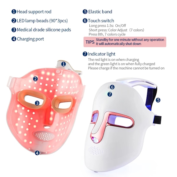Trådlös 7-färgs LED Photon Behandling Skönhetsmask Vit 18.6*23.3cm
