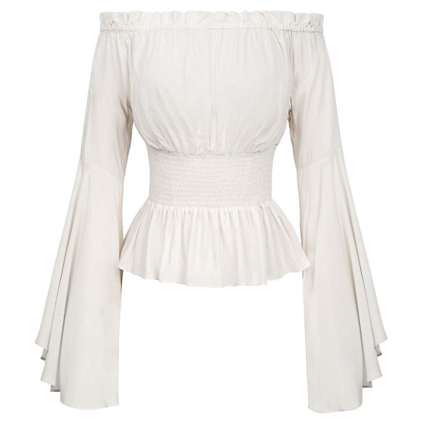 Dame Ensfarvet Renæssance Korset Vest Talje Off Shoulder Toppe Middelalderlig Viktoriansk Langærmet Skjorte Pirat Cosplay Kostume Hvid XL White